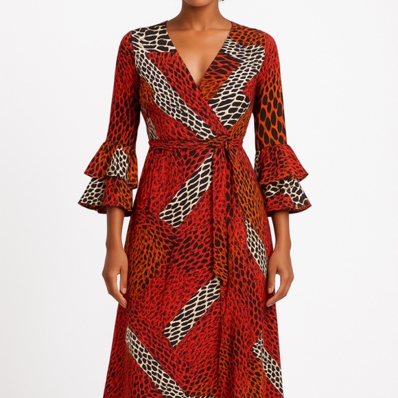 Ruffled sleeve Red-Orange Tribal Print Wrap Dress - Picture 2 of 2